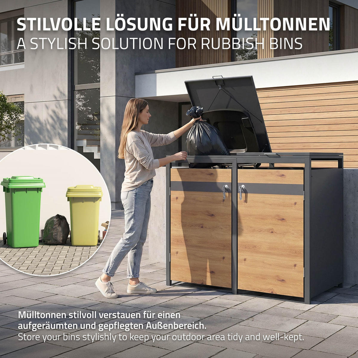 MÜLLTONNENBOX 2er Anthrazit-Eichenoptik - Braun, Metall (132/120/80cm) - ML-DESIGN