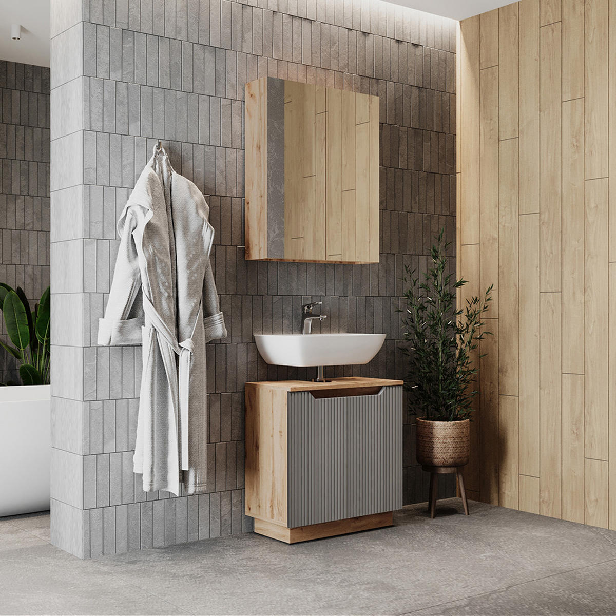 BADMÖBEL-SET Lotta Eiche/grau gestreift 2 Teile - Eichefarben/Grau, Holzwerkstoff (59.8/62.1/32cm) - Vicco