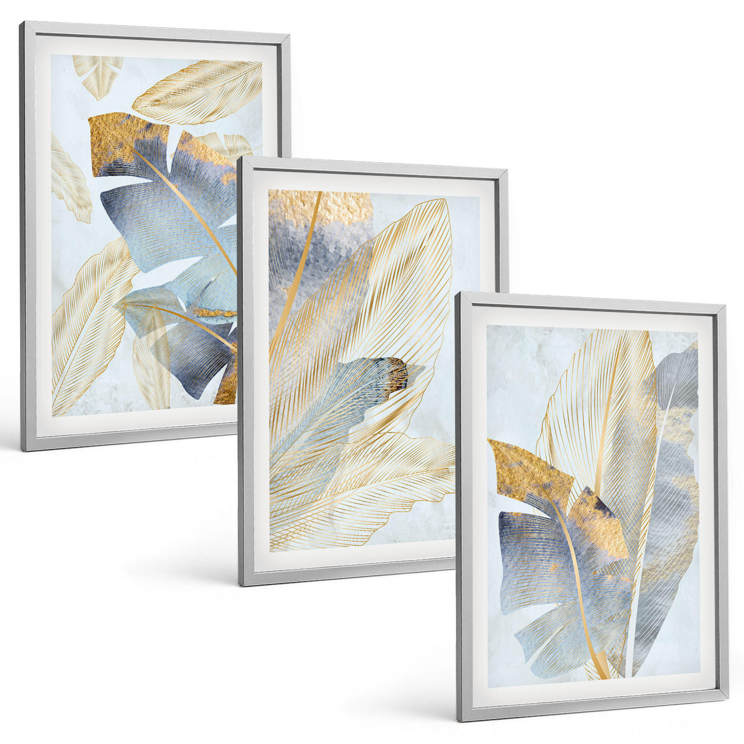 BILDER SET 3er Set - 40x60 cm Silberner Rahmen - Hellblau-beige Blätter - Silberfarben, Kunststoff (40/60cm) - TULUP