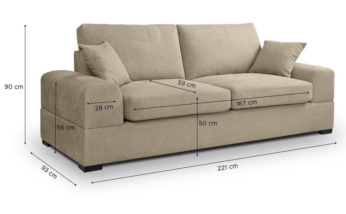 SOFA beige Strukturstoff, Couch 3-Sitzer 221 cm mit Premium Kaltschaum - Beige/Schwarz, Holz/Textil (221/90/93cm) - Inn.Furn