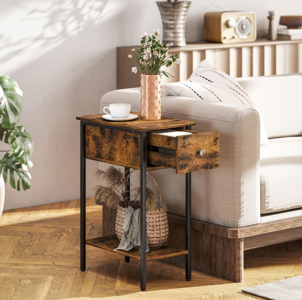 BEISTELLTISCH aus Holz 39,8x25x58,2 cm Rustikales Braun/Schwarz mit Schublade, offenem Fach und Metallbeinen - Braun, Holzwerkstoff (25/39.8/58.2cm) - Modfu