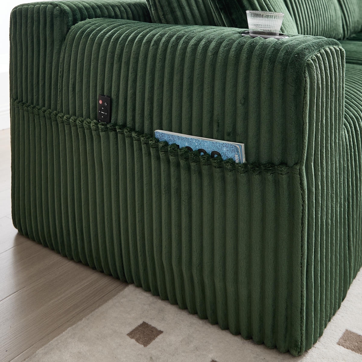 ECKSOFA Cord Smaragdgrün mit 5 Kissen, Seitentaschen und Getränkehaltern - Jadegrün, Textil (257/160cm) - WISHDOR