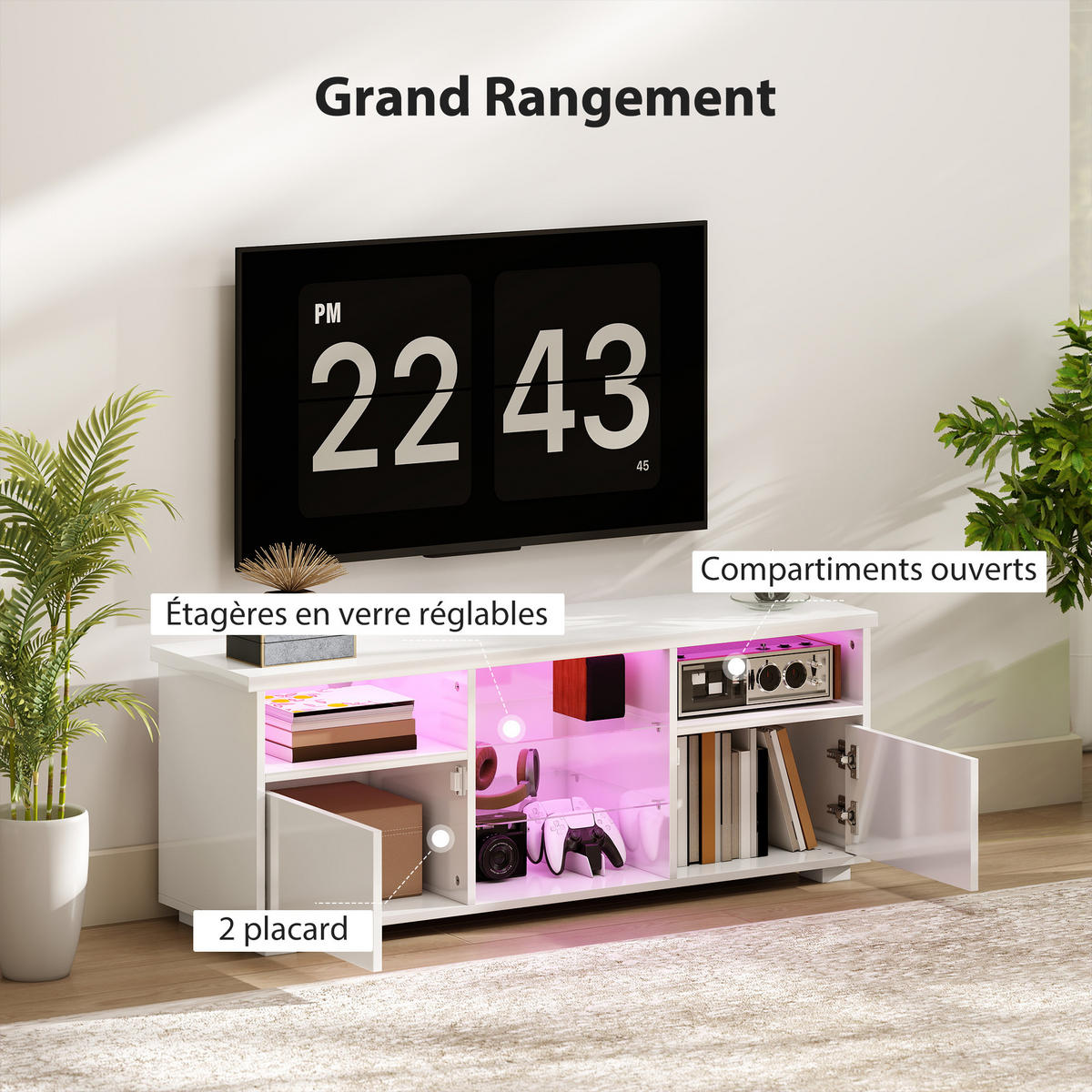 TV-LOWBOARD Weiß Hochglanz 120/34/45 cm, LED-Beleuchtung, Glasböden - Weiß Hochglanz, Holzwerkstoff (120/45/34cm) - PANGIVO