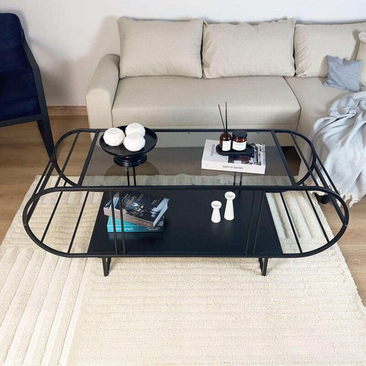 COUCHTISCH mit glasplatte, metall und atlantik-kiefer-optik 50/145/47 cm - Schwarz, Holzwerkstoff (13/50/47cm) - Calicosy