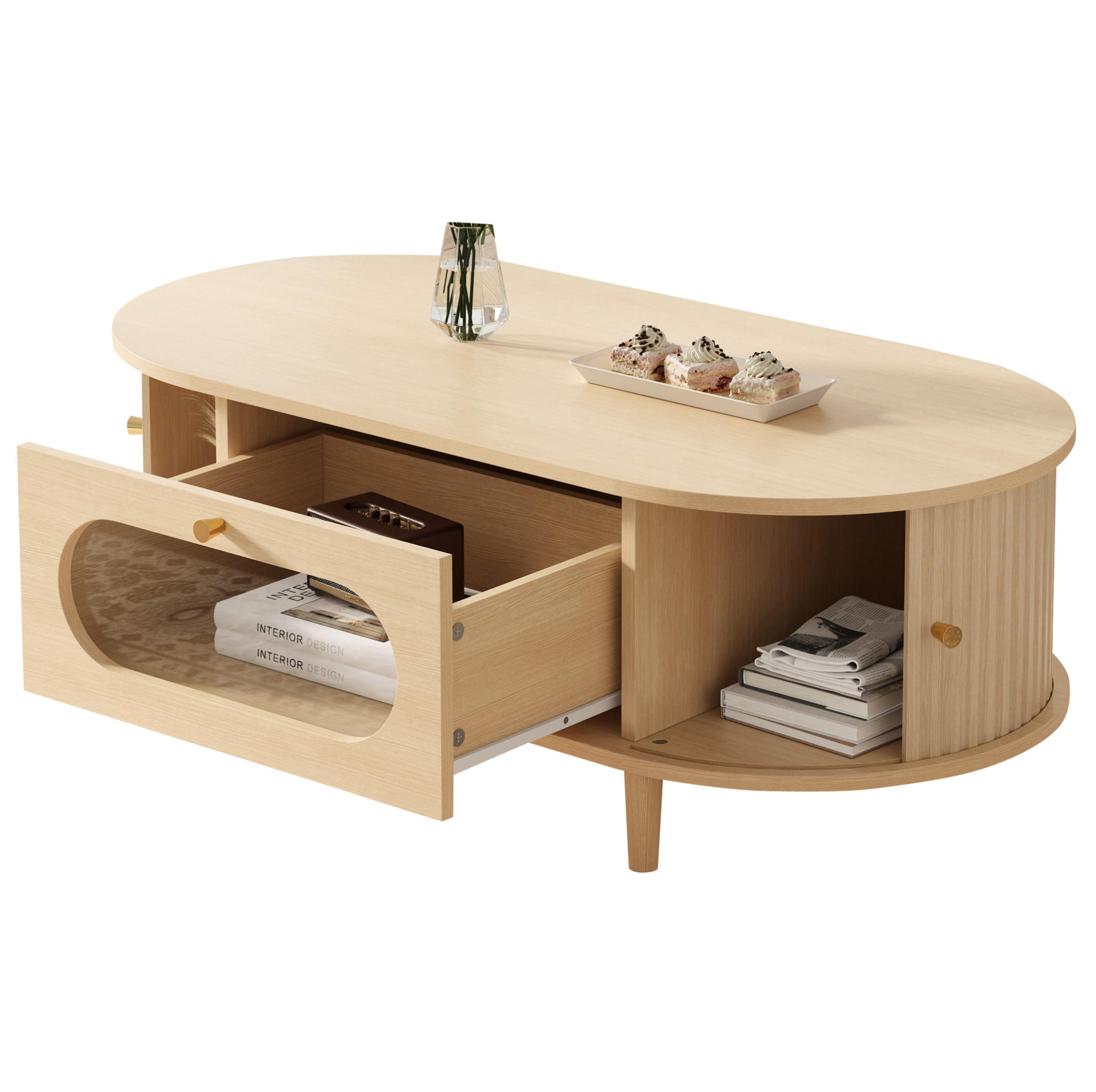 COUCHTISCH 100/50/36 cm Holzfarbe aus MDF mit Schublade und Rolltür - Eichefarben, Holzwerkstoff (100/50/36cm) - OKMYHOME