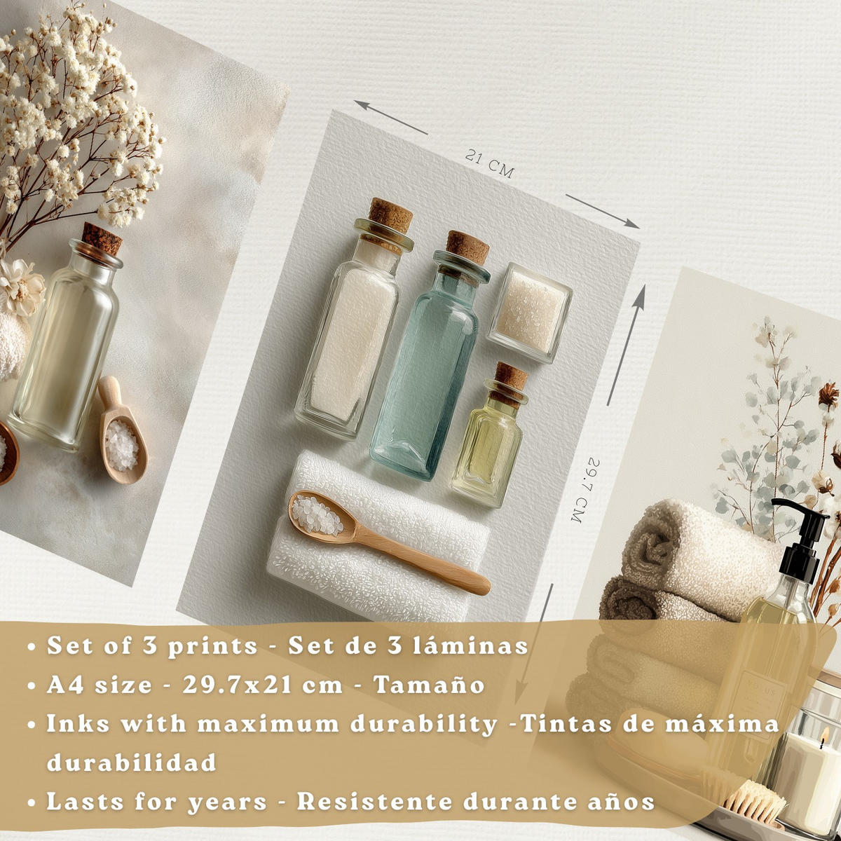 POSTER 3er-Set dekorative Badezimmer-Wandbilder und für Waschbecken, Dusche, WC mit Flaschen, Badesalz und Handtüchern, Naturstil Weißer Rahmen A4 - Weiß, Papier (29.7/21/3cm) - Nacnic