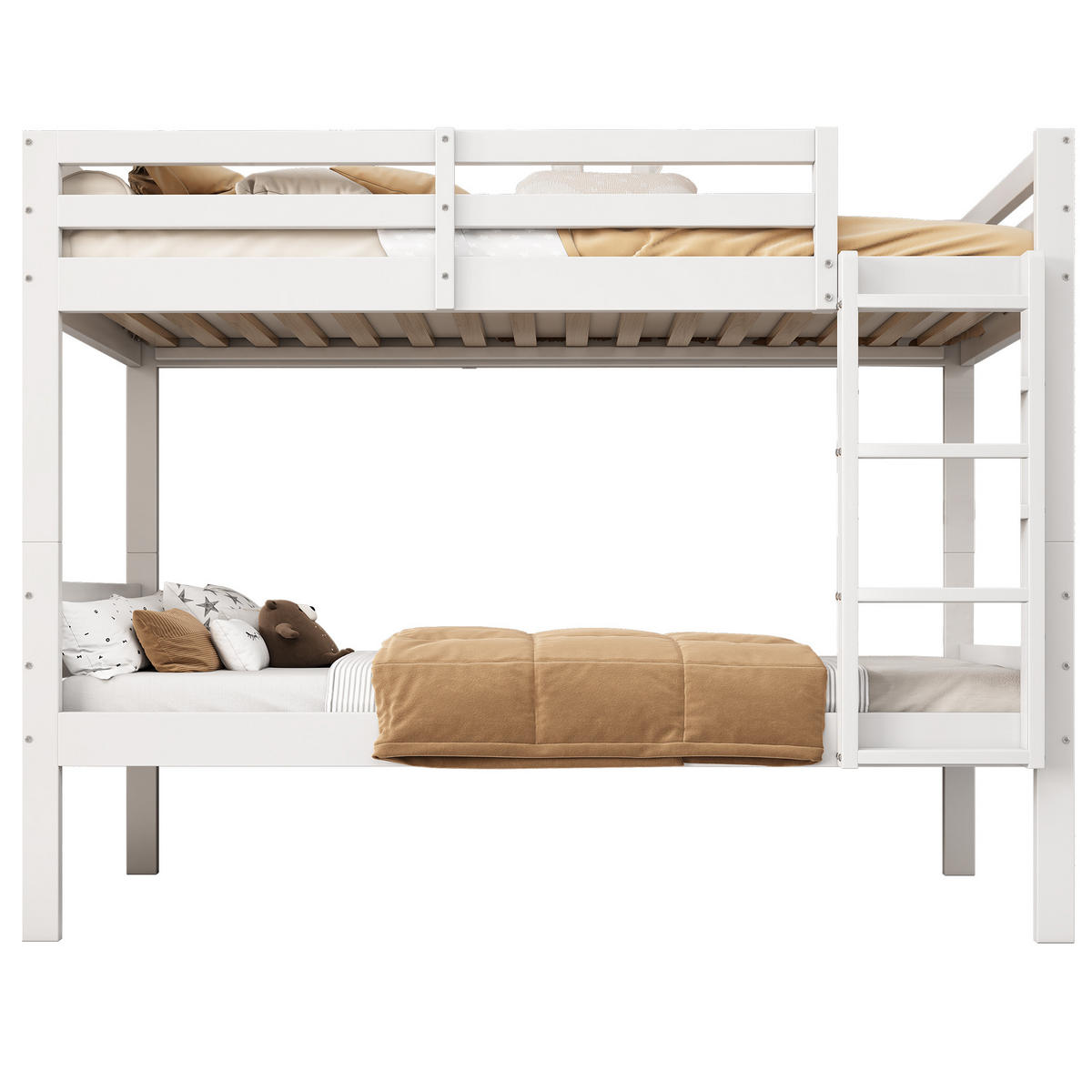 ETAGENBETT 90/200 cm Weiß aus Kiefer mit Absturzsicherung und Winkelleiter - Weiß, Holzwerkstoff (90/200cm) - OKWISH