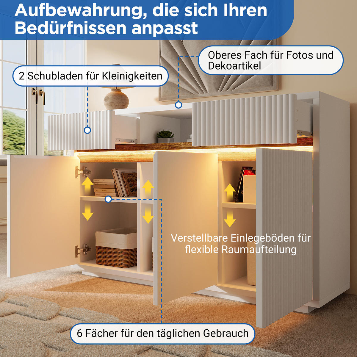 SIDEBOARD aus MDF und Spanplatte 140x40x85 cm Weiß mit LED-Beleuchtung, 2 Schubladen und verstellbaren Einlegeböden - Weiß, Holzwerkstoff (140/85/40cm) - Modfu