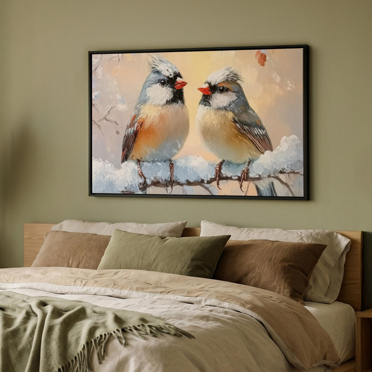 LEINWAND Bilder mit Rahmen - Vögel - Zweig - Winter - Schnee - 90x60 - Pastellblau, Textil (90/60cm) - MuchoWow