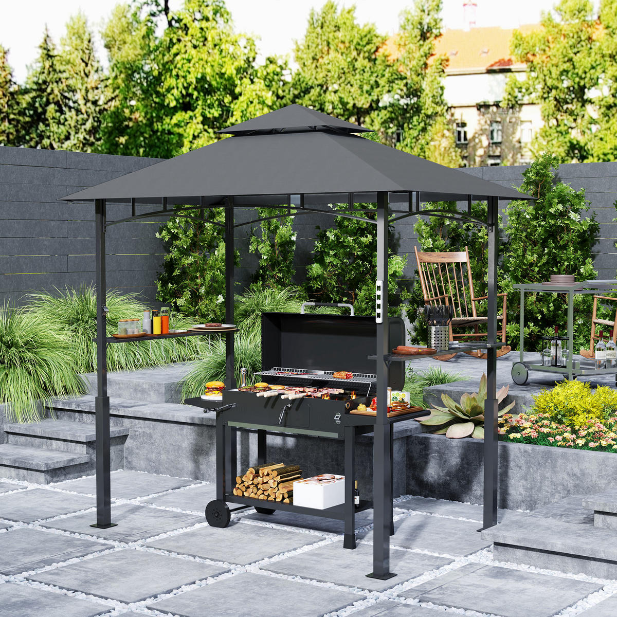 GRILLPAVILLON mit LED 243 x 148 x 248 cm - Dunkelgrau, Metall (148/248/243cm) - Outsunny