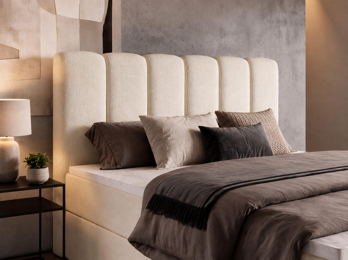 BOXBET NOLARO 160x200 cm Komplett-Set mit Bettkasten, Bonell-Matratze und Topper, Bouclé Creme - Creme, Textil (160/200cm) - Luxkor24