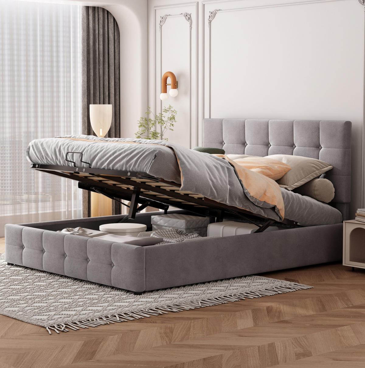 POLSTERBETT mit Stauraum 203 x 140 cm Samt Grau - Grau, Metall (140/200cm) - Meubliv