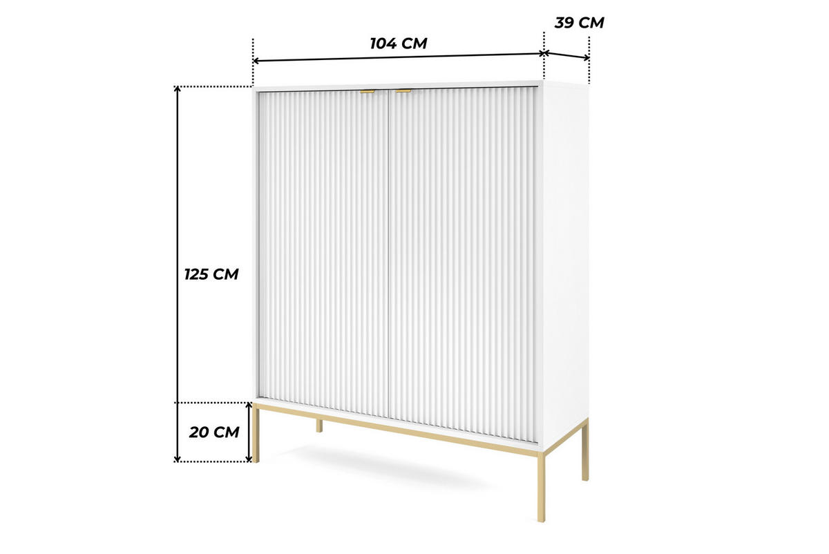 WEISSE Moderne Geriffelte Hochkommode KIOTO KW2D (Gold Gestell, Soft-Close Türen) - Goldfarben/Weiß, Holz/Holzwerkstoff (104/125/39cm) - Ravio