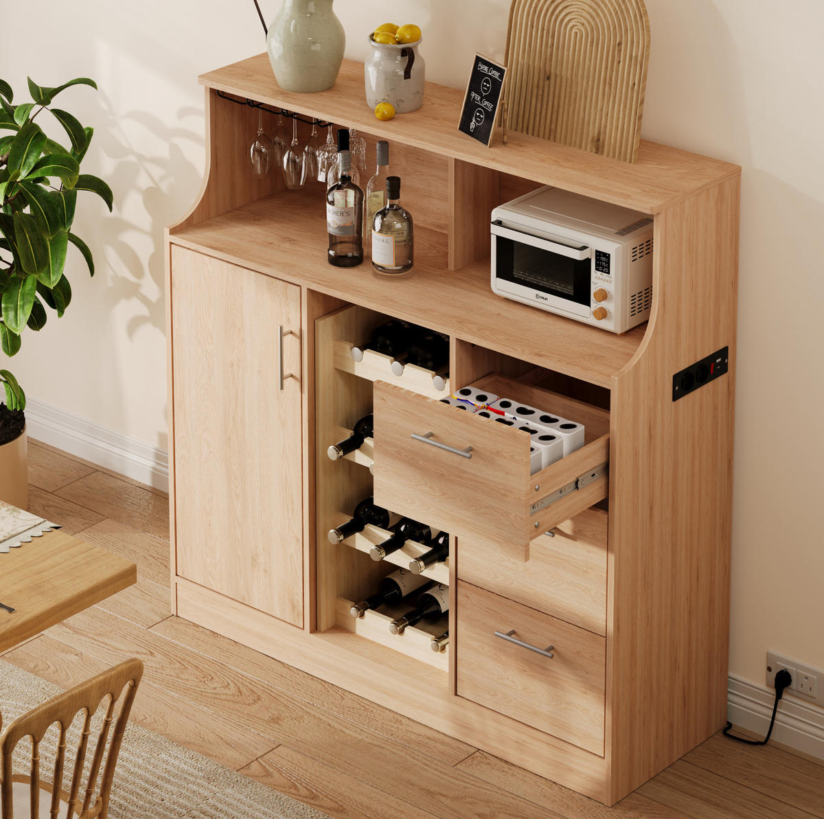 SIDEBOARD 120/40/121 cm Natur/Weiß aus MDF mit LED und Steckdose - Weiß, Holzwerkstoff (120/121/40cm) - OKWISH