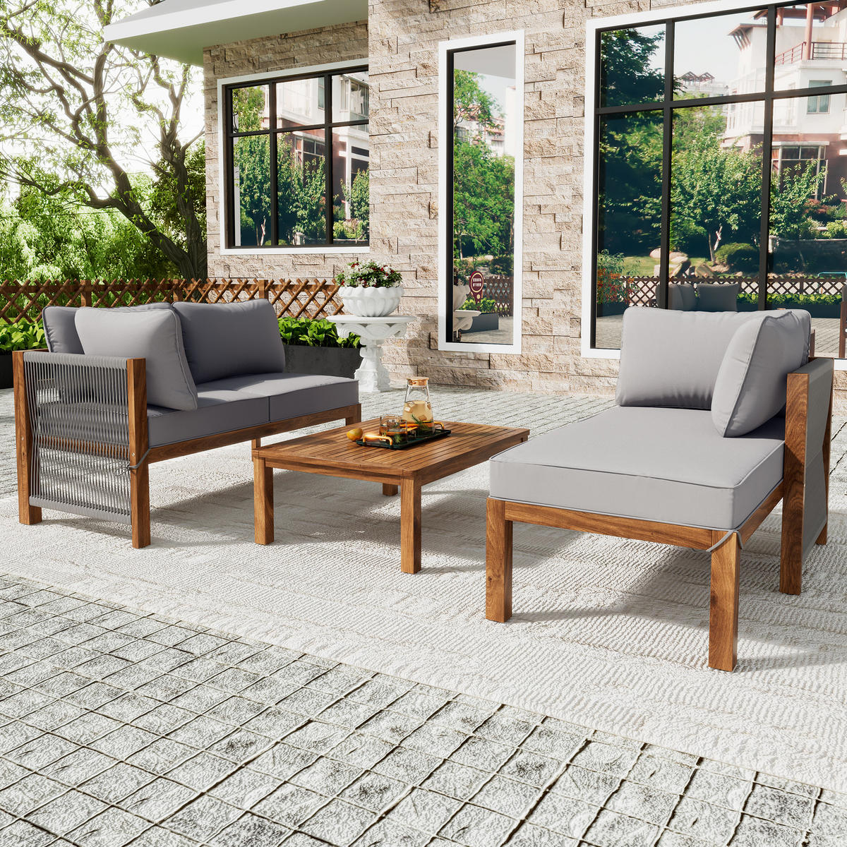 GARTEN-LOUNGESET 175/58/80 cm grau aus Akazien Holzwerkstoff mit Tisch - Grau, Holzwerkstoff - OKWISH