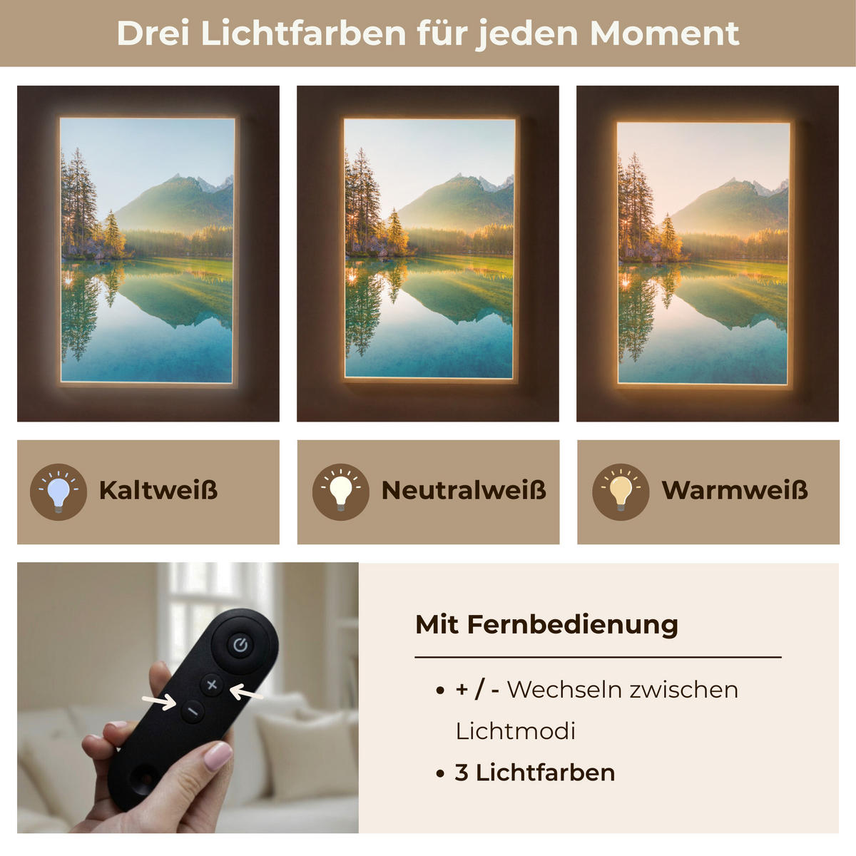 WANDLEUCHTE MIT AKKU See - Wald - Berge - Natur - Sonne - Landschaft 70x100 cm - Grün, Holzwerkstoff (70/100/8cm) - OnlyWow