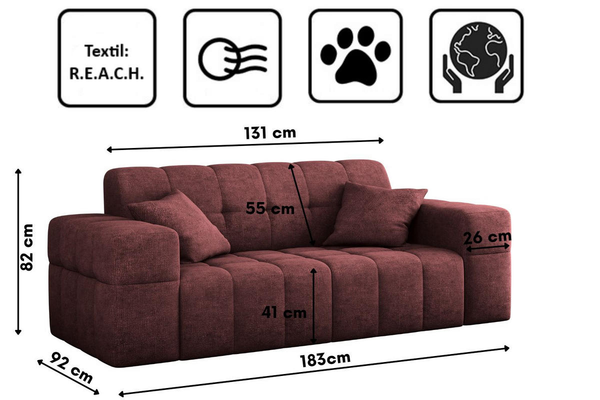 SOFA 2 Sitzer NIMES Stoff Perfect Harmony Rotwein - Rot, Holz/Kunststoff (183/82/92cm) - Kaiser Möbel
