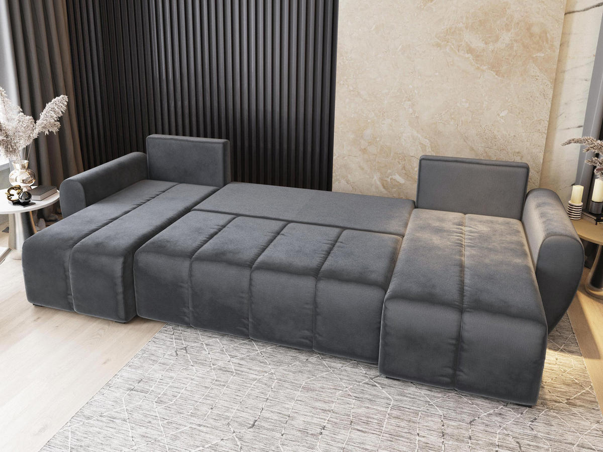 WOHNLANDSCHAFT MADISON U Grau Plüsch-Stoff mit Schlaffunktion - Grau, Holz (311/82/145cm) - MASSENO