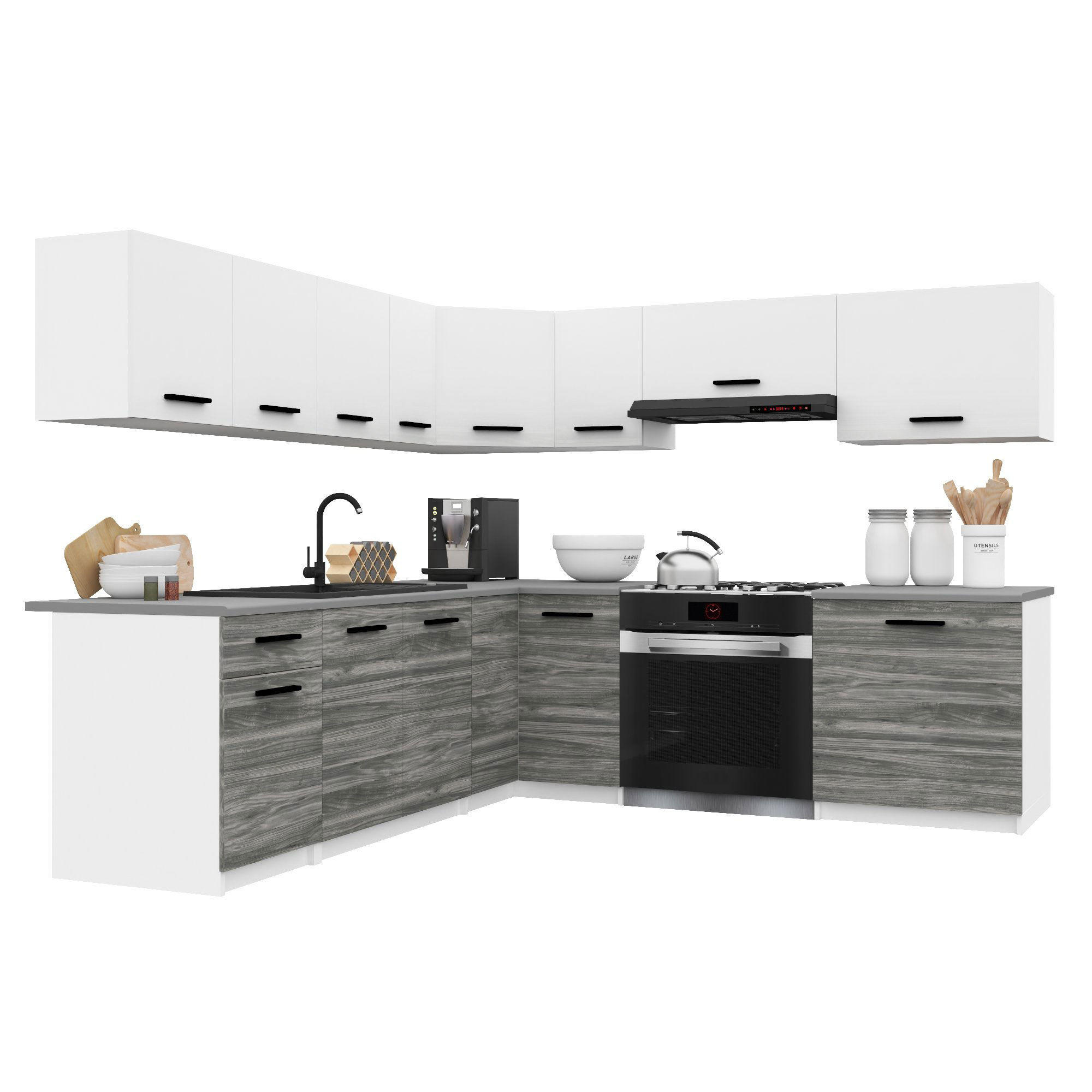 KÜCHENZEILE Italia 7 420 cm , mit Arbeitsplatten, Weiß-Grau Glamour Matt - Hellgrau/Weiß, Holz (420/143/60cm) - B BELINI GROUP