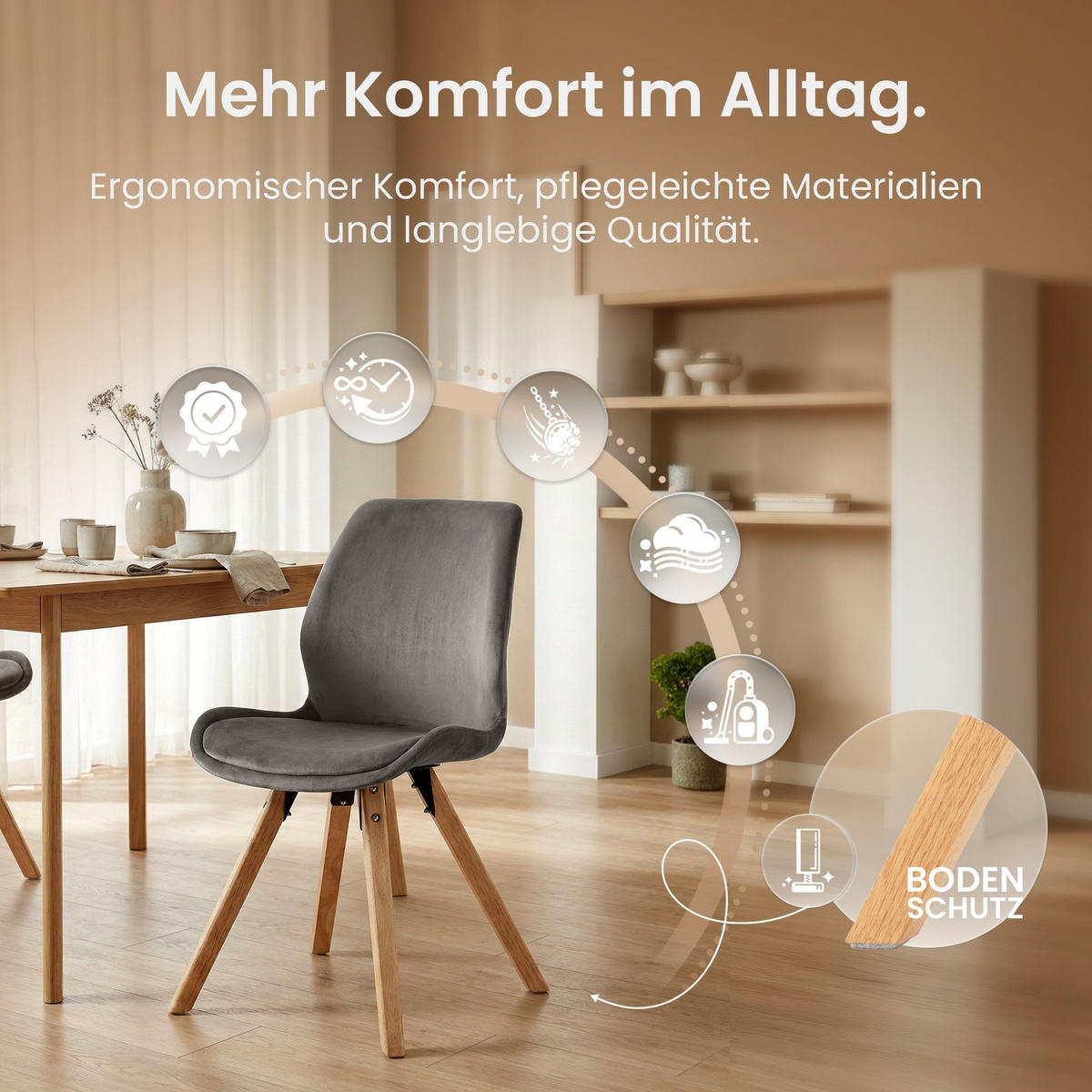 STUHL 4er Set Samt Grau - Eukalyptusholzfarben/Grau, Holz/Textil (49/87/58cm) - CLP