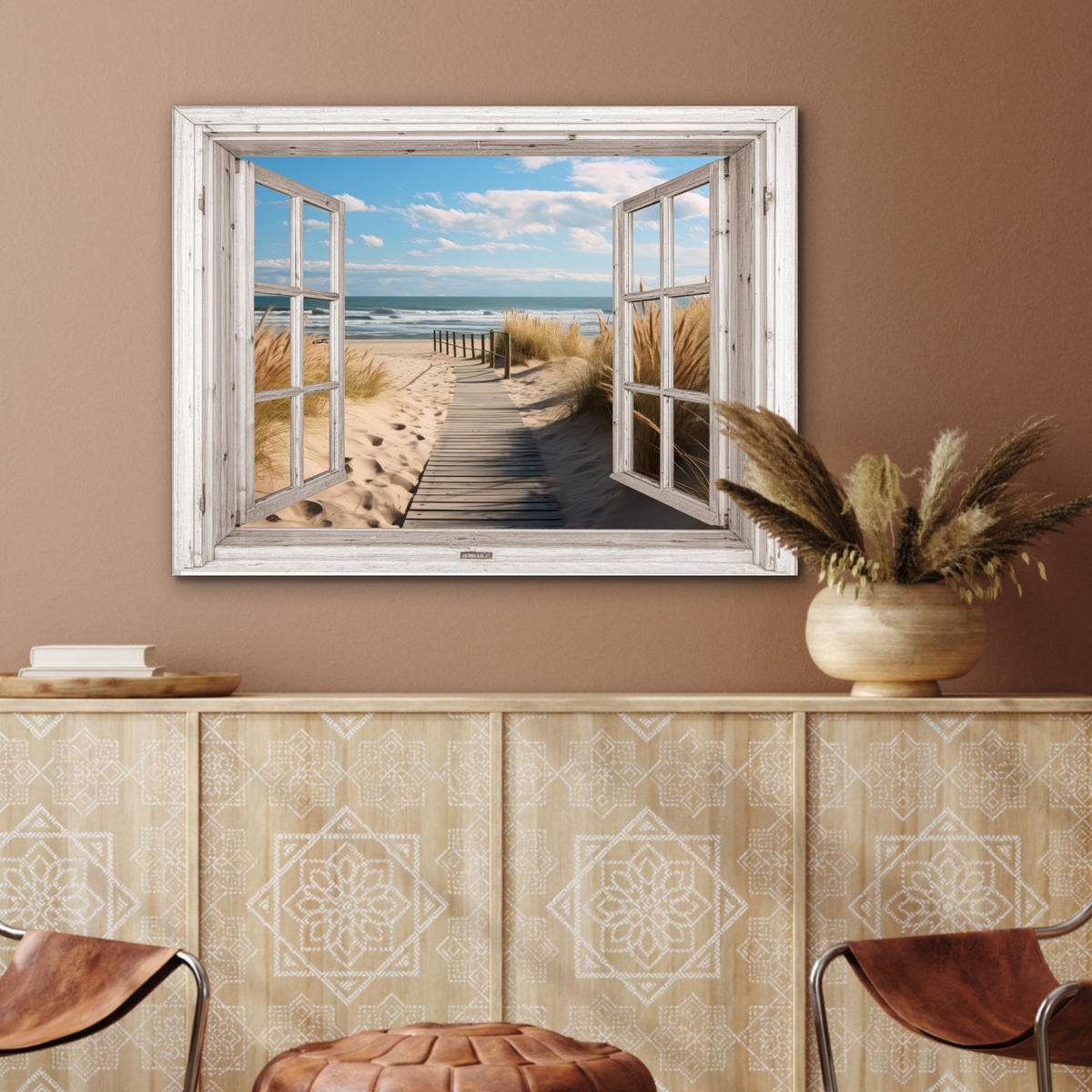 KOVOVÝ OBRAZ Okno - more - pobrežie - príroda - výhľad - pláž - Waddenské more 80x60 cm - béžová, kov (80/60cm) - MuchoWow