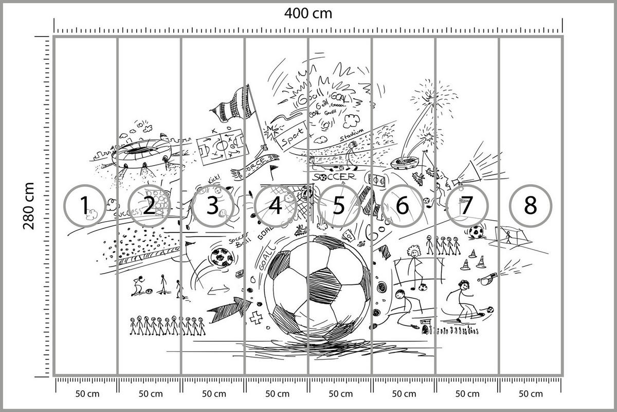 FOTOTAPETE für Kinderzimmer Fußball Skizzen Tor Stadion Sport 400x280 - Schwarz/Weiß, Papier (400/280cm) - Muralo
