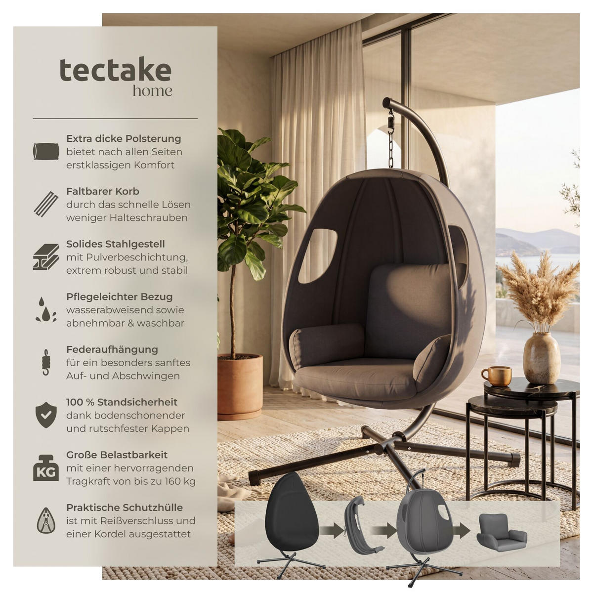 HÄNGESESSEL Anika mit Gestell und Kissen,360° drehbar,160 kg,anthrazit,100x97x201 cm - Anthrazit, Kunststoff/Textil (100/201/97cm) - tectake