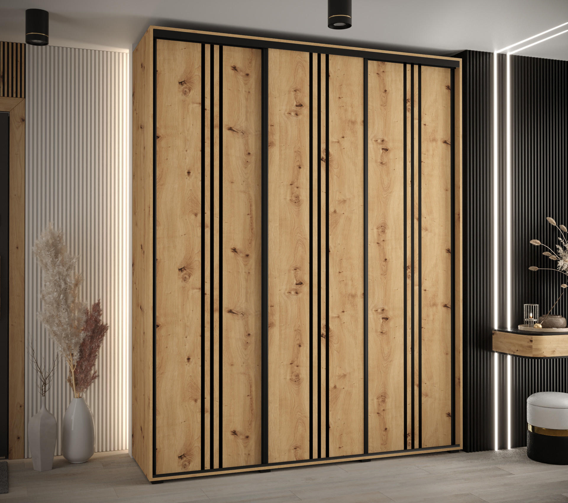 SCHWEBETÜRENSCHRANK 235,2/190/45 3-türig - Schwarz/Eiche Artisan, Holz/Metall (190/235/45cm) - Abiks Möbel