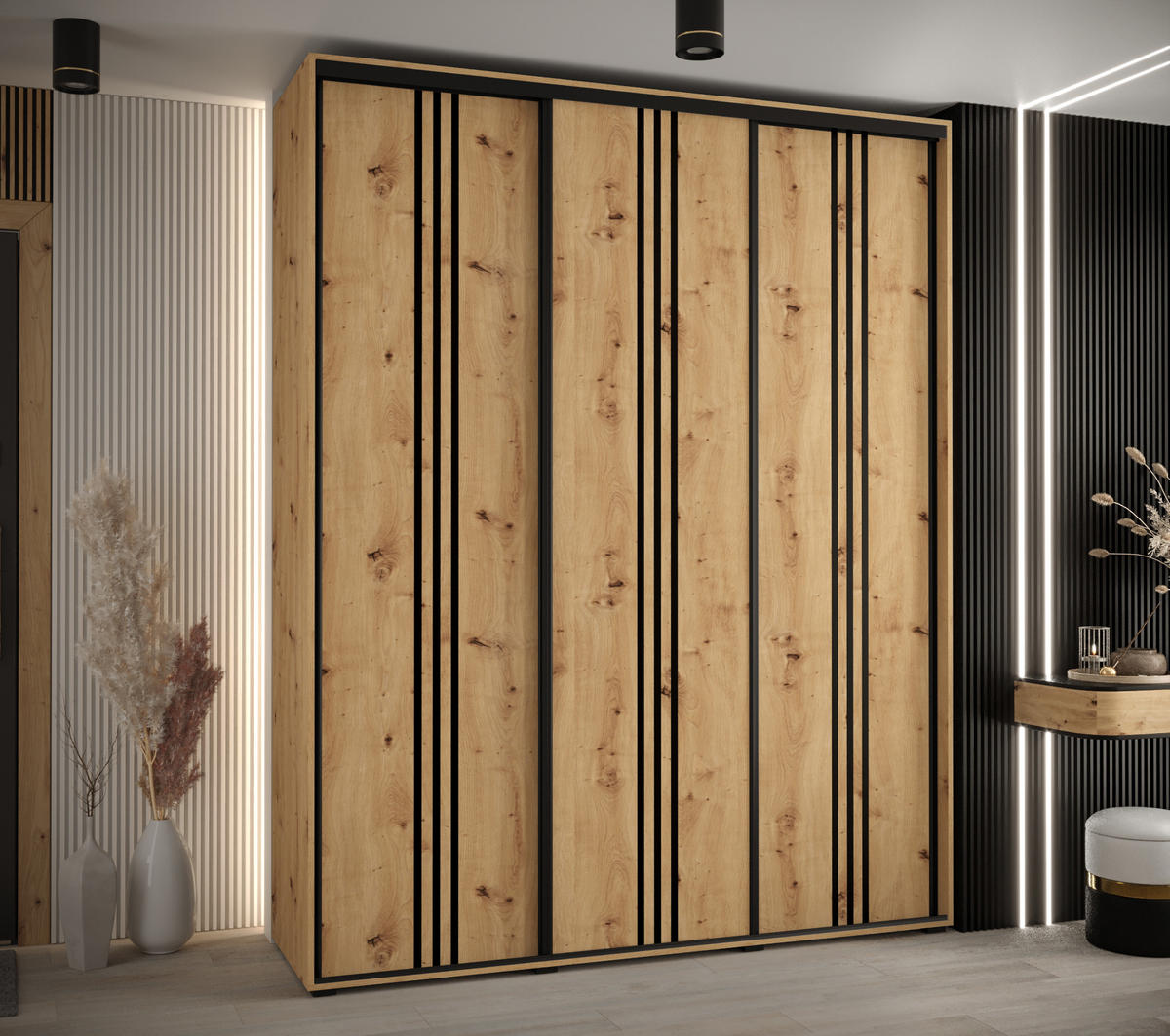 SCHWEBETÜRENSCHRANK 235,2/190/45 3-türig - Schwarz/Eiche Artisan, Holz/Metall (190/235/45cm) - Abiks Möbel