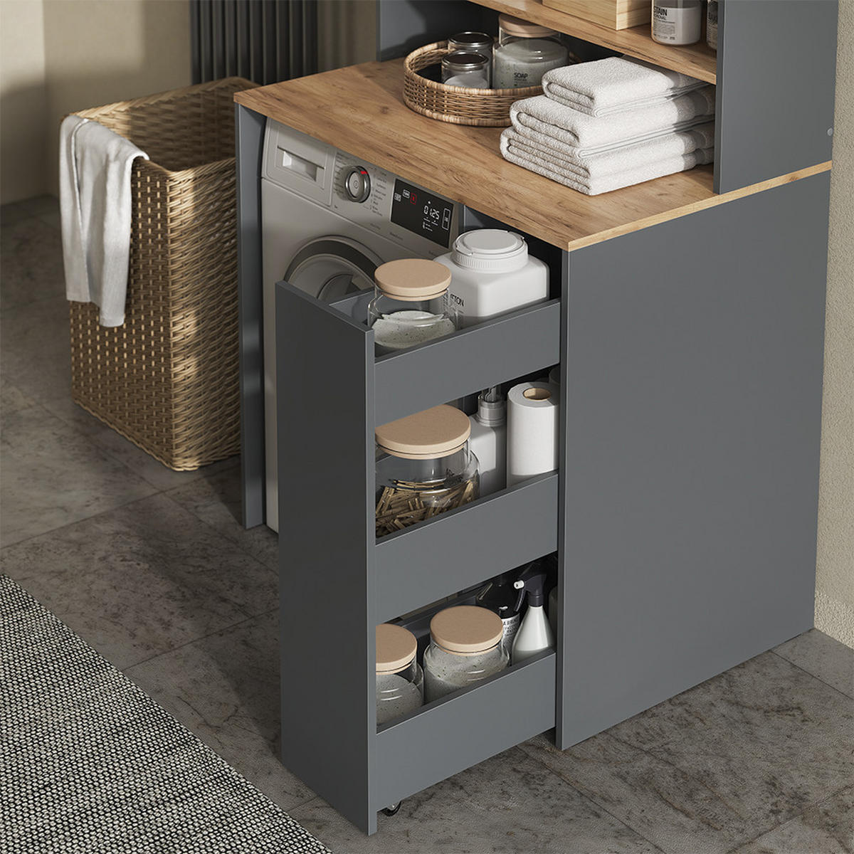 WASCHMASCHINENSCHRANK Viktor, Anthrazit/Goldkraft Eiche, 93.6 x 88.2 cm 2 Teile mit Rollregal - Honigeiche/Anthrazit, Holzwerkstoff (93.6/88.2/60cm) - Vicco