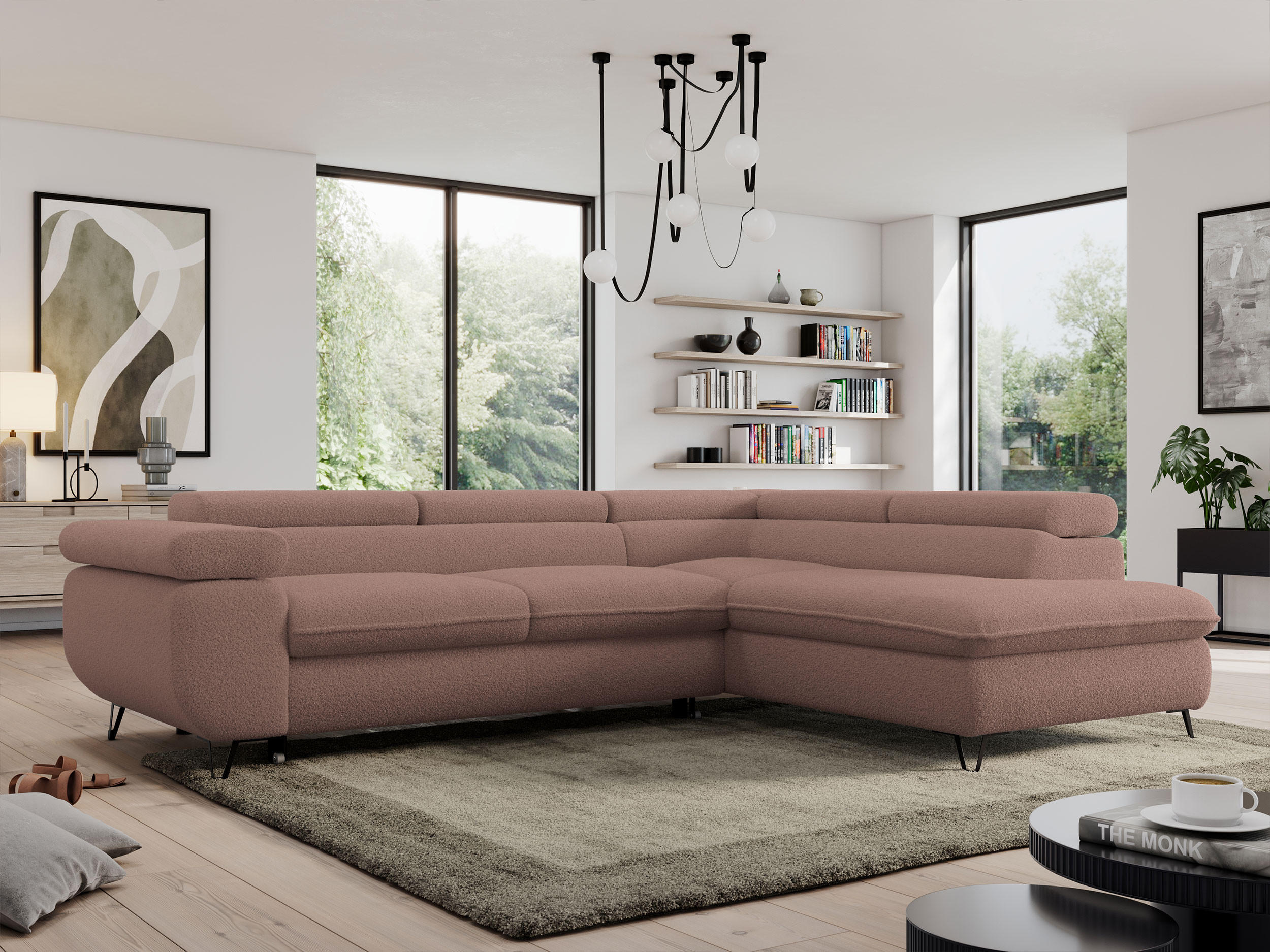 ECKSOFA PEDRO L Rosa Boucle - Rechts Seite - Schwarz/Rosa, Textil/Metall (273/208cm) - MKS