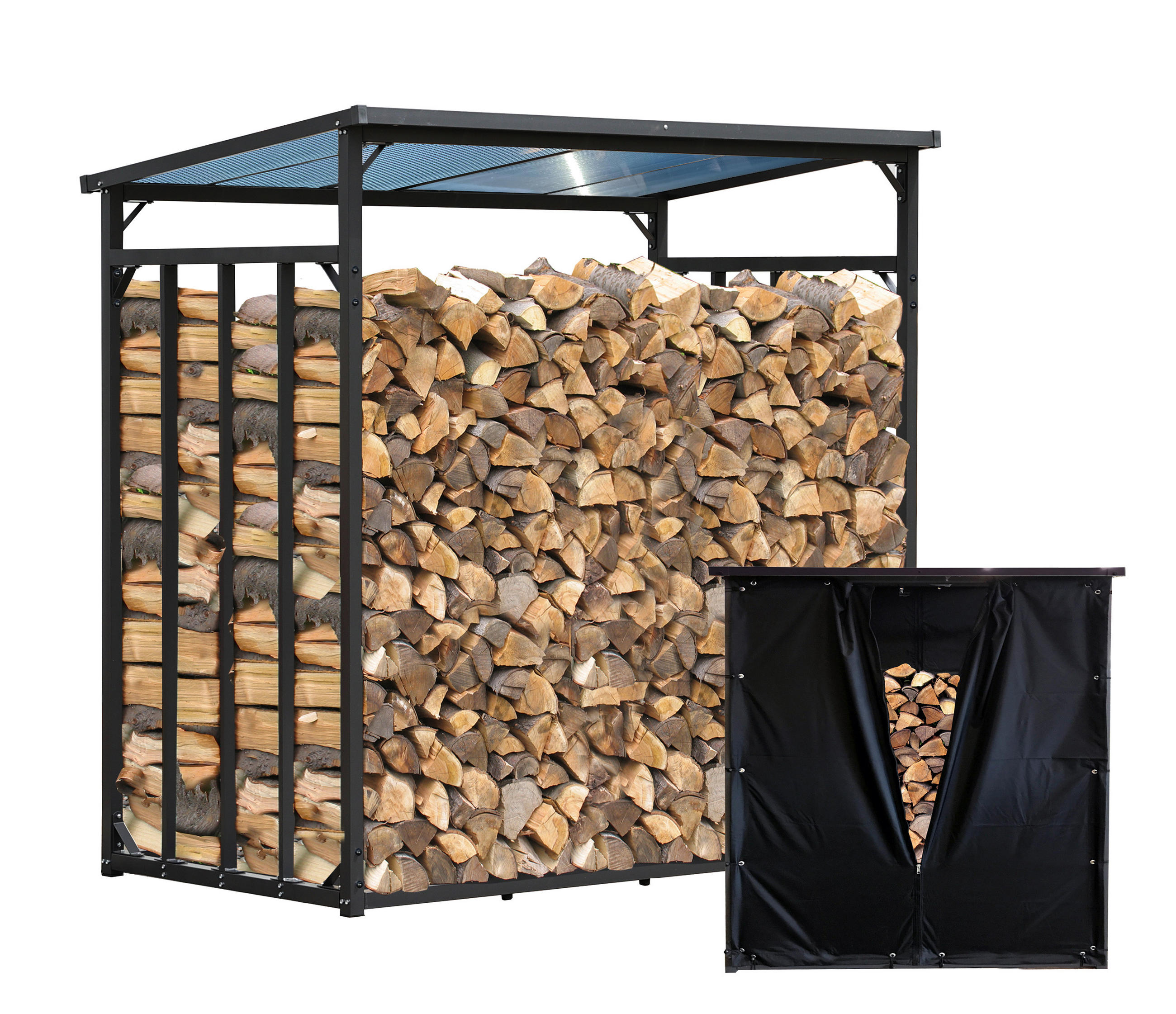 KAMINHOLZREGAL Außen XXXL 185x100x185 cm Metall Anthrazit mit Wetterschutz 3,5 m³ / 5 SRM - Anthrazit/Schwarz, Metall (185/185/70cm) - QUICK STAR