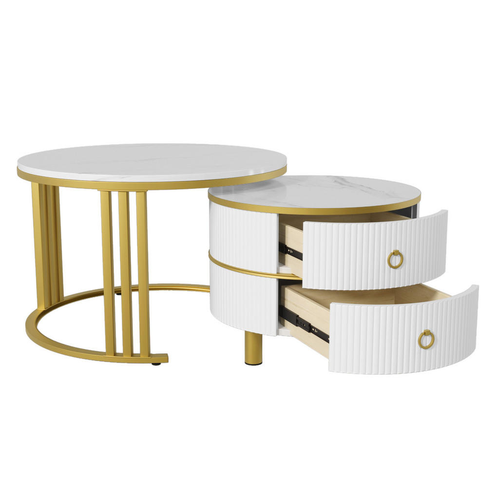 Modfu KONFERENČNÍ stolek z MDF 70x70x46 cm bílý se 2 zásuvkami, lesklou deskou a mramorovým dekorem