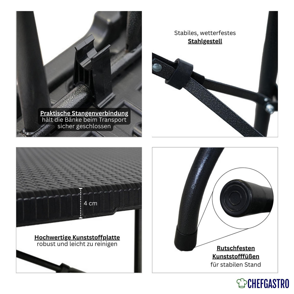 BIERBANK 2er Set klappbar wetterfest 8 Personen Kunststoff Rattan Optik Schwarz - Schwarz, Kunststoff (180/43/43cm) - CHEFGASTRO