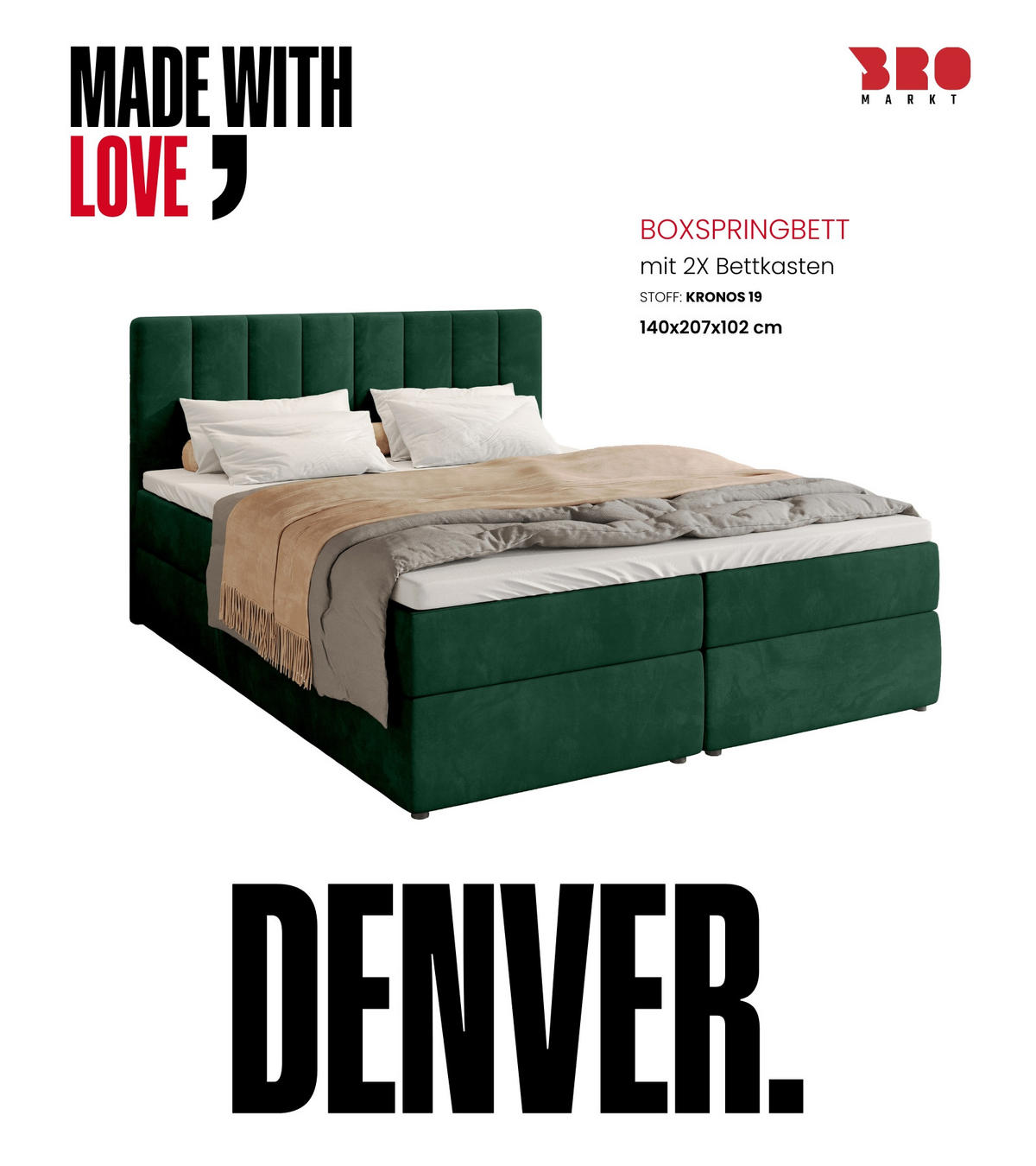 BOXBETT Denver mit Topper 140/200 Grün - Grün, Holzwerkstoff/Textil (140/200cm) - Bromarkt