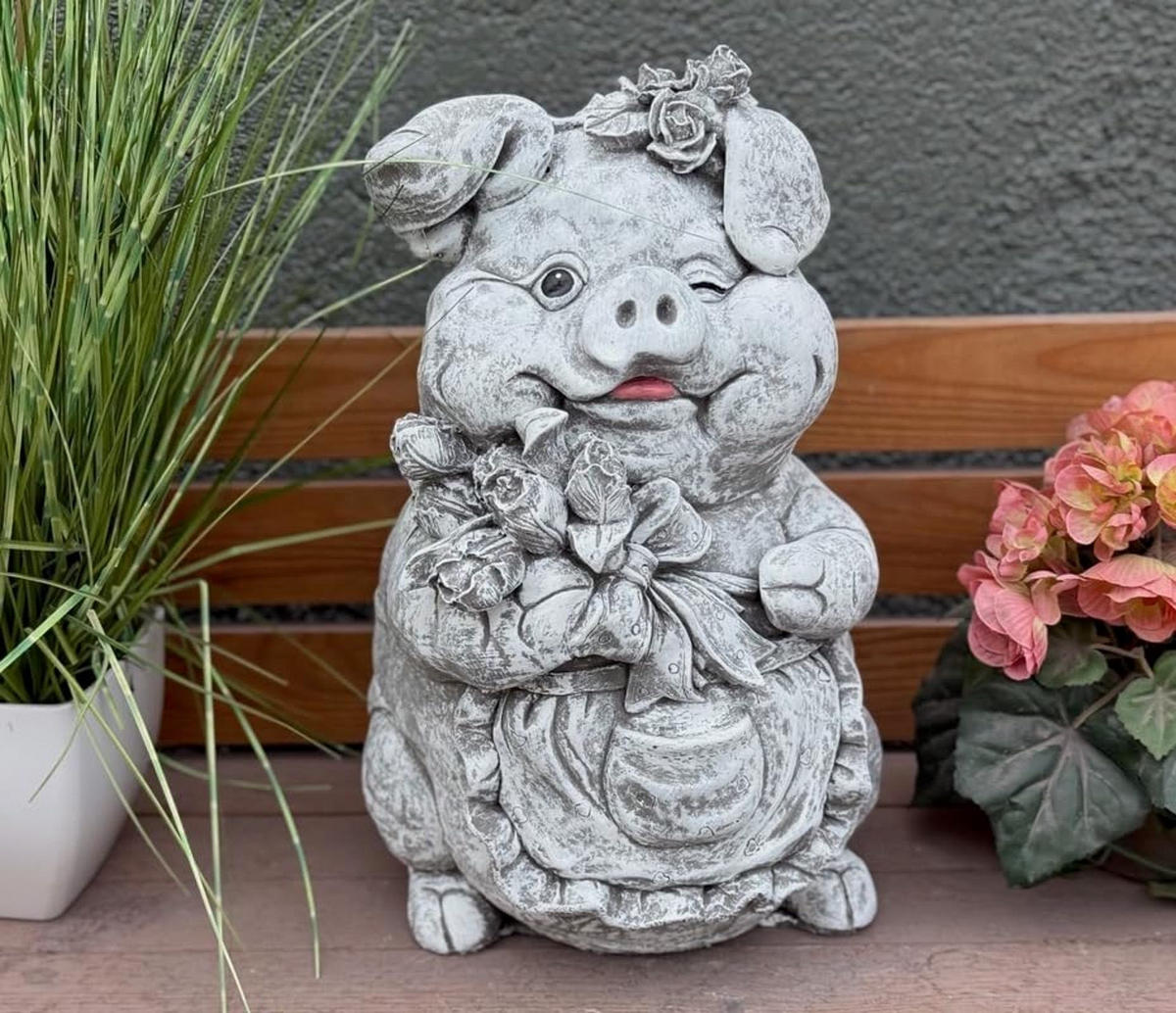 STEINFIGUR Schwein Gundel frostfest massiver Steinguss - Grau, Stein (24/40/27cm) - stoneandstyle