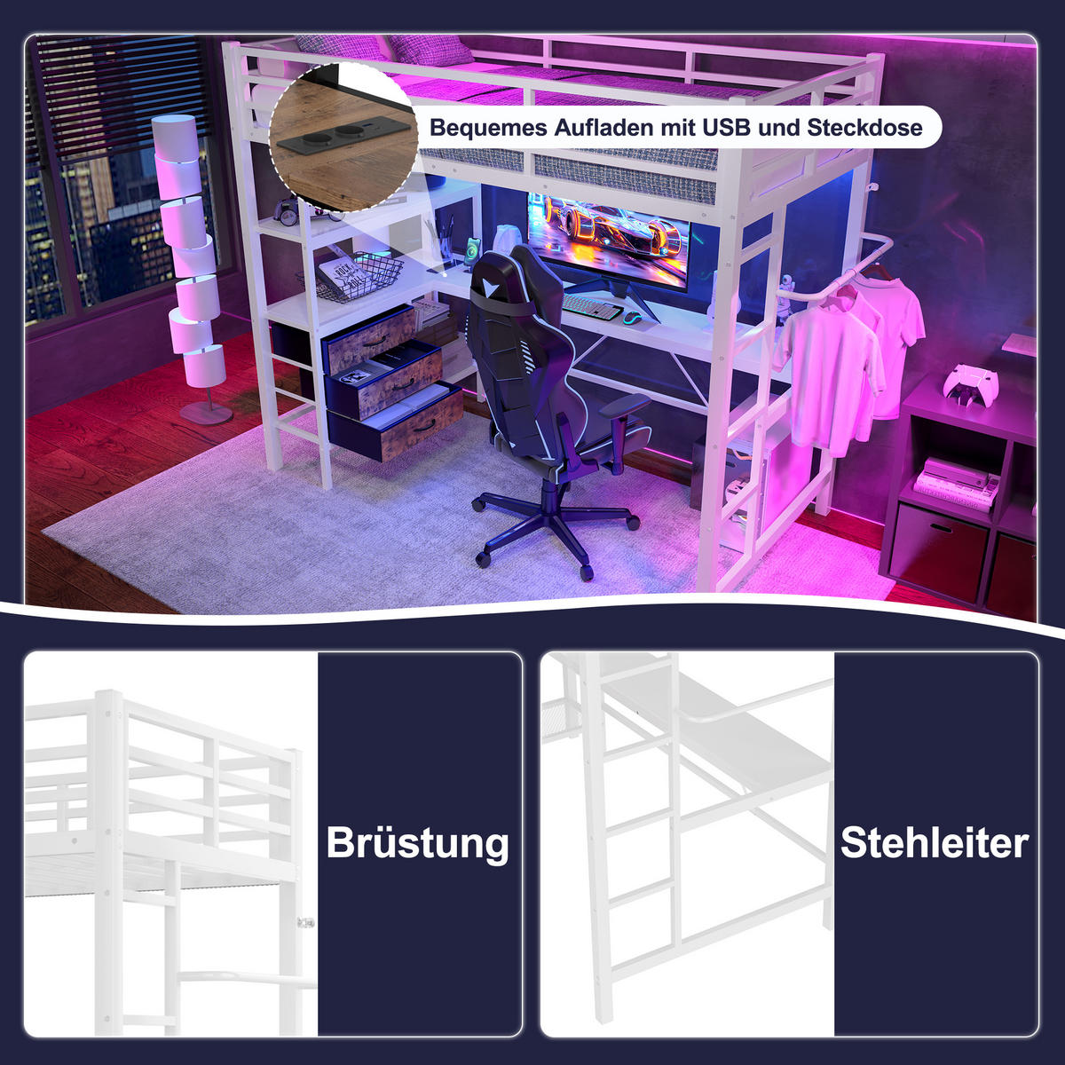 HOCHBETT 90x200cm Weiß LED-Licht Schreibtisch Steckdose USB 3 Schubladen - Weiß, Metall (90/200cm) - FLIEKS