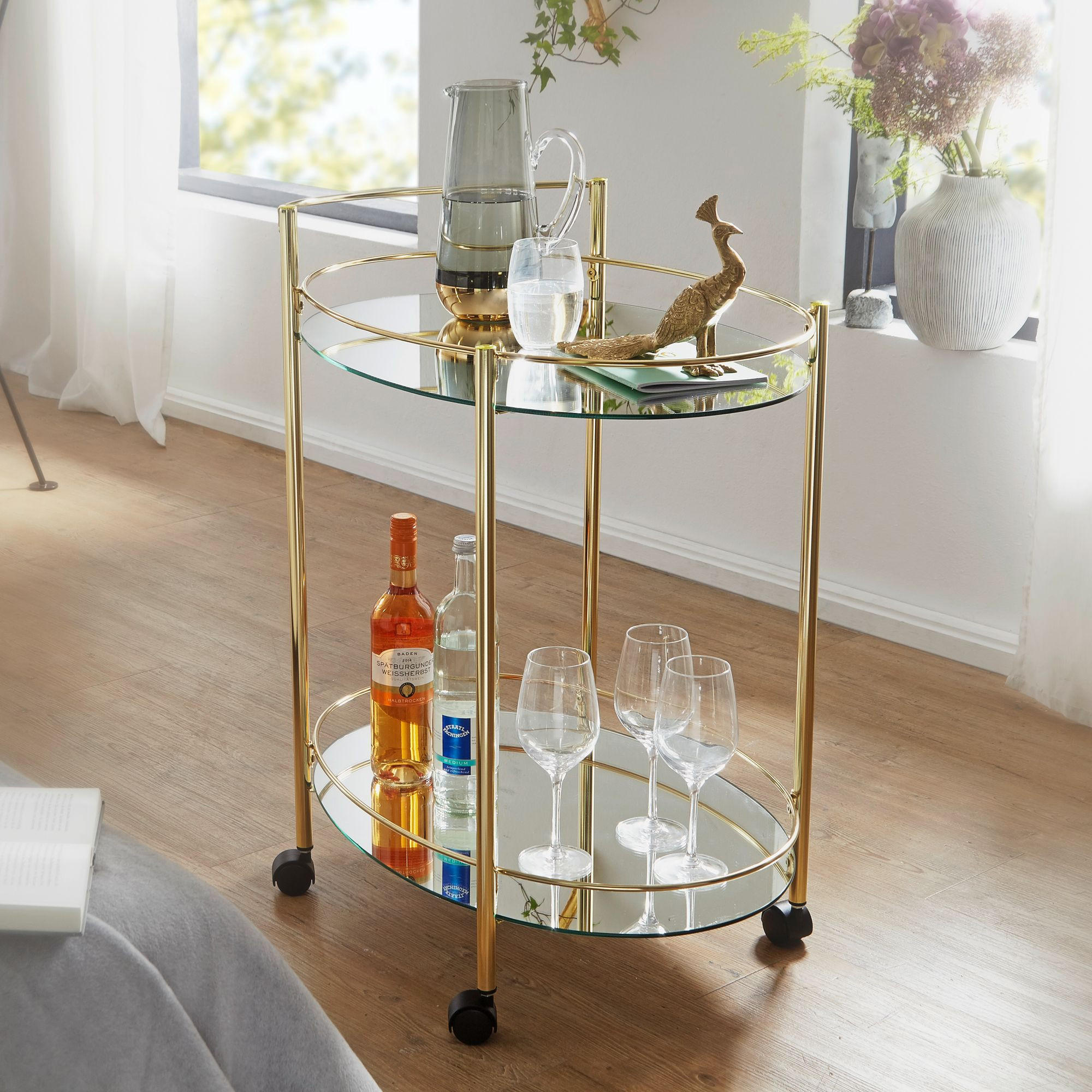 SERVIERWAGEN – Gold, 2 Glasplatten, auf Rollen - Goldfarben, Glas/Metall (67/79/46cm) - KADIMA DESIGN