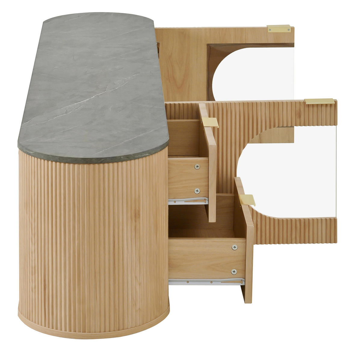 TV-SCHRANK aus MDF und Glas 172x38x45,5 cm Natur mit Stauraum, ovaler Glasvitrine und 3D-Türfronten - Hellbraun, Holzwerkstoff (172/45.5/38cm) - Modfu