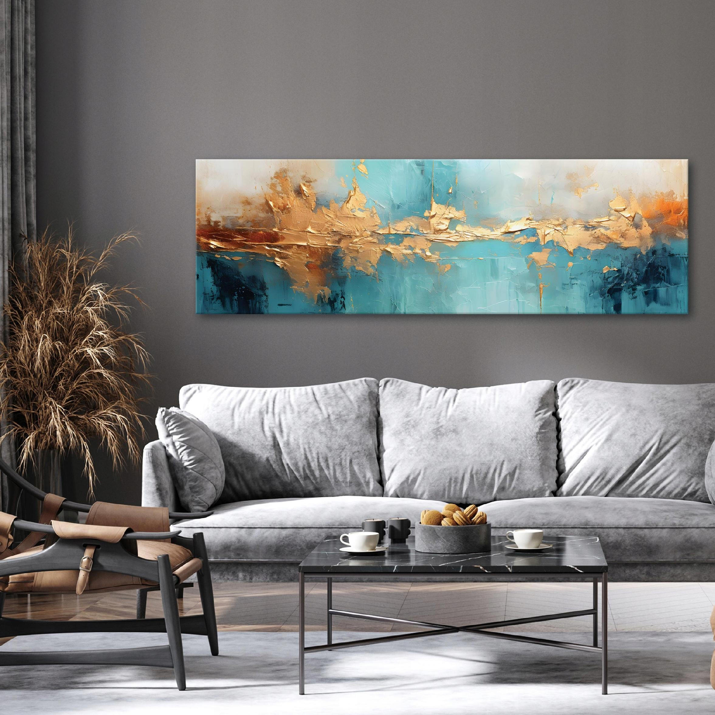 BILDER Abstrakt Blau Gold Modern Wohnzimmer 145x45 - Blau, Holzwerkstoff (145/45cm) - Wallarena