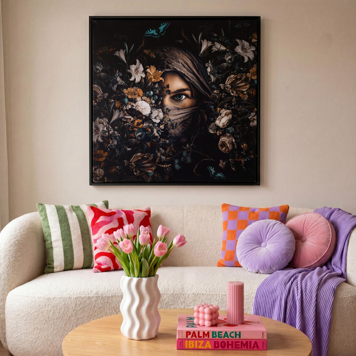 LEINWAND Bilder mit Rahmen - Frau - Luxus - Blumen - Schmetterling - Porträt - 90x90 - Schwarz, Textil (90/90cm) - MuchoWow