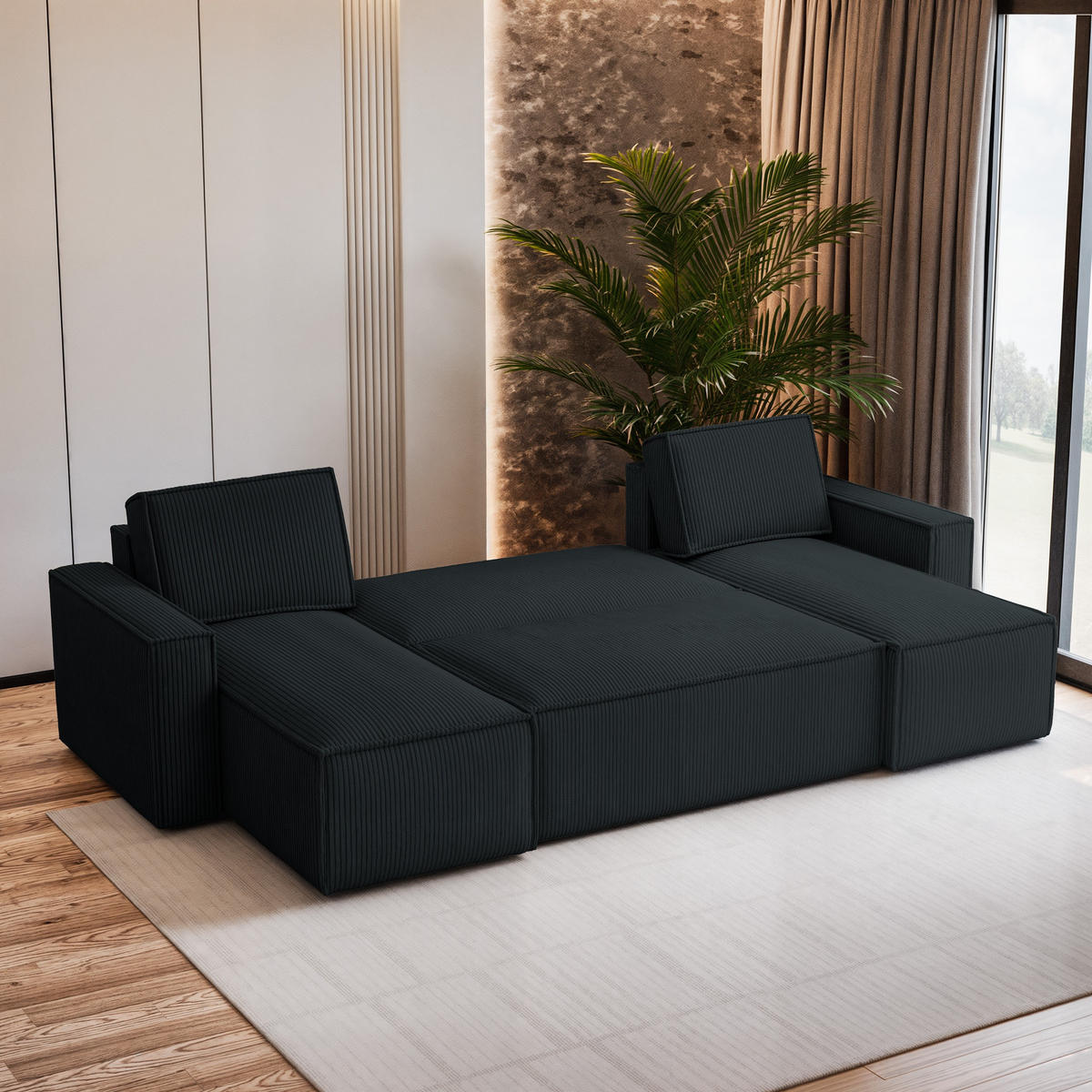 WOHNLANDSCHAFT PESANO P Schwarz Kordstoff mit Schlaffunktion - Schwarz, Holz (306/85/140cm) - MASSENO