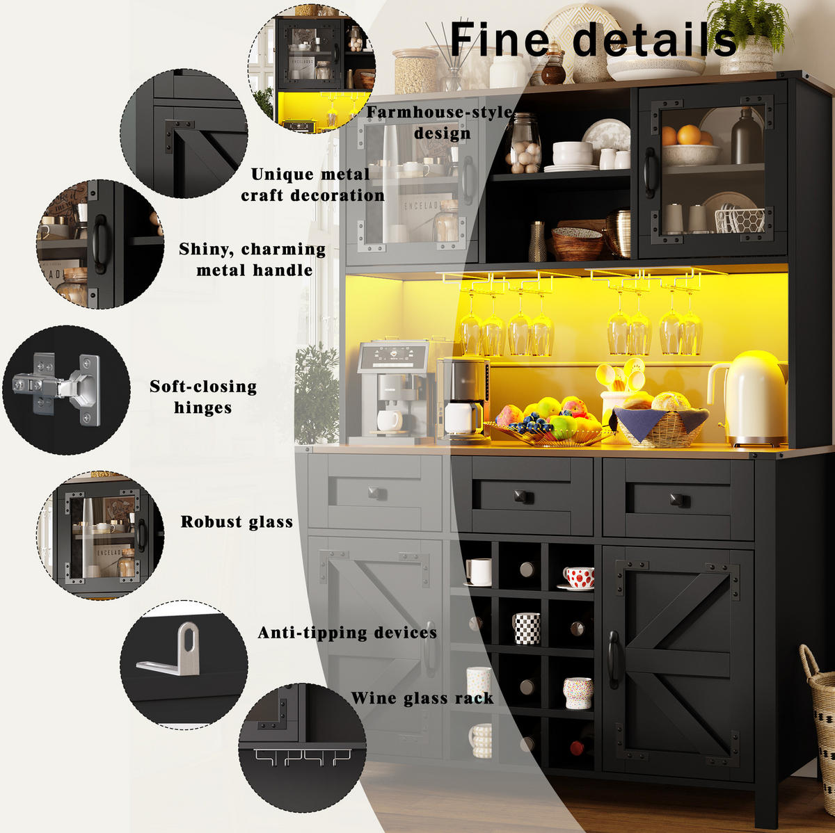 BUFFET 120/170/40 cm Schwarz aus MDF und Glas mit LED-Lichtleiste - Schwarz, Holzwerkstoff (40/170/120cm) - OKMYHOME