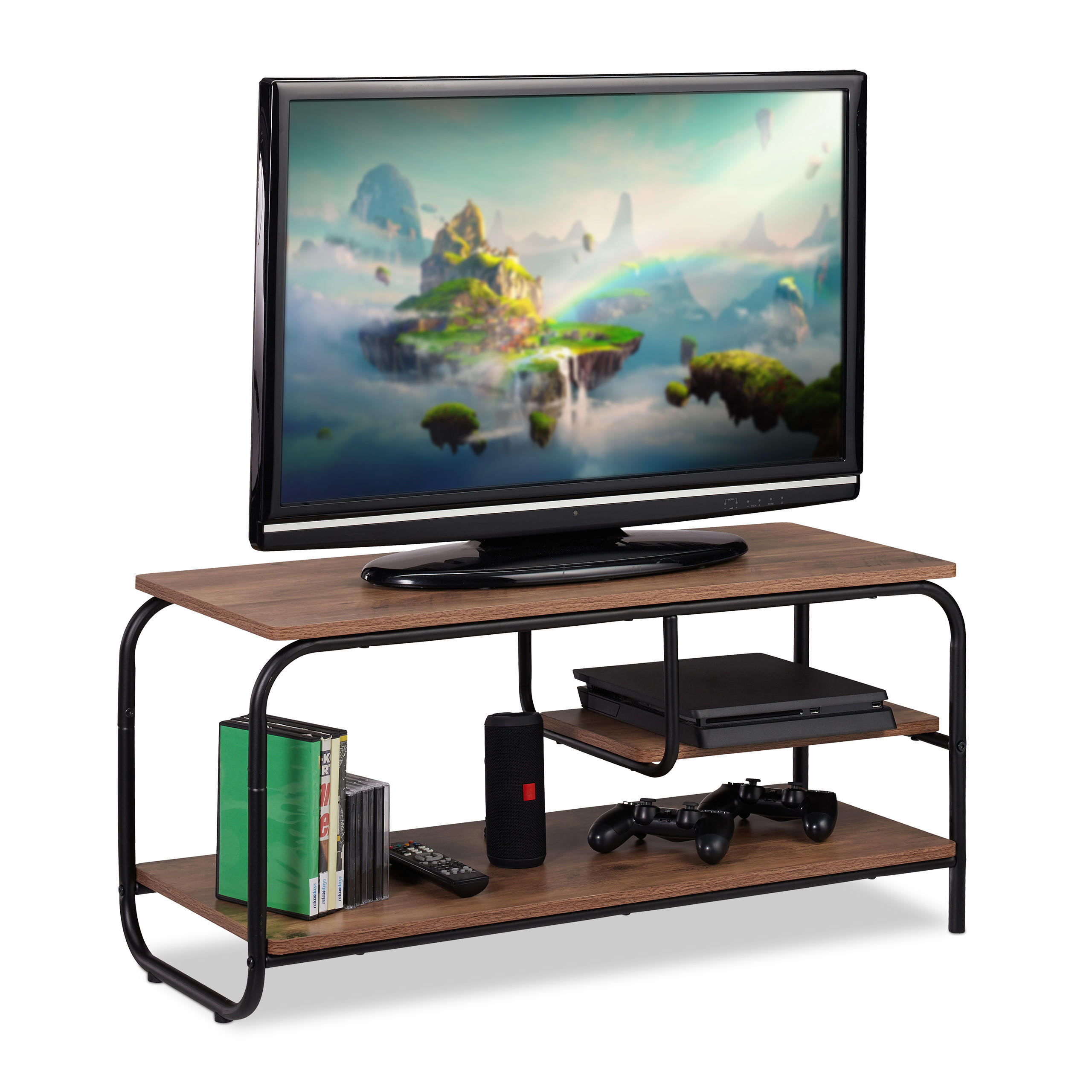 Relaxdays TV-STOLEK Hnědá Černá industriální styl s policí 90x35 cm