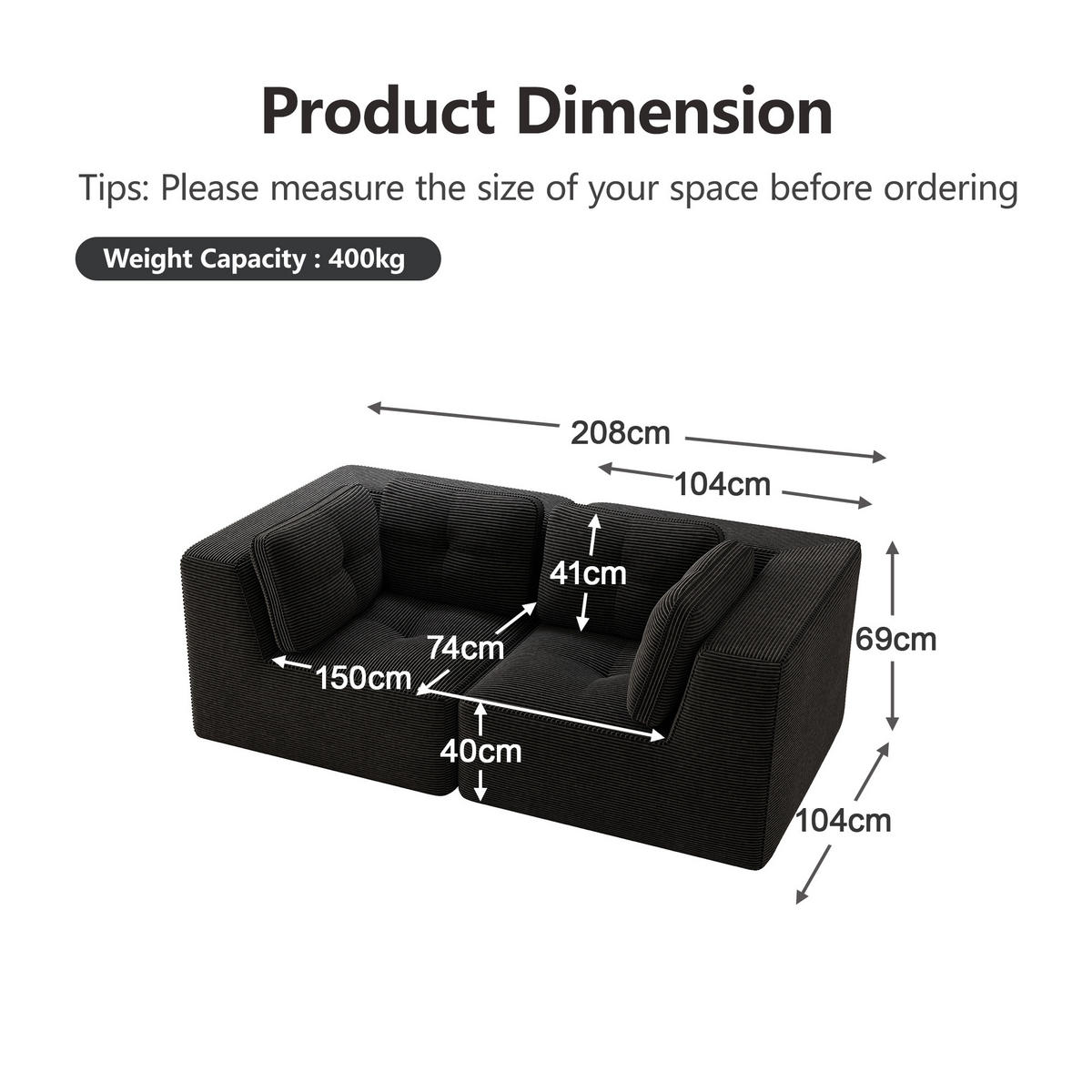 2-SITZER Sofa 208x104x69 cm aus Cordstoff rahmenlos modular, schwarz - Schwarz, Textil (104/69/208cm)