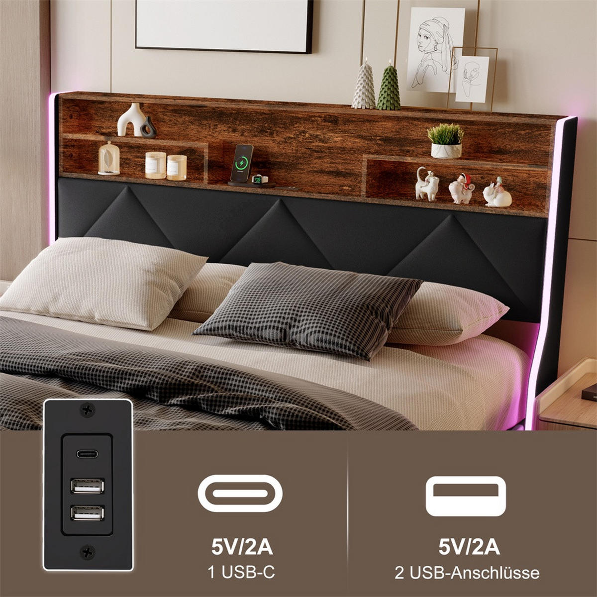 POLSTERBETT 140x200 cm mit LED-Beleuchtung - USB-Ladestation und hydraulischem Stauraum - Schwarz PU-Leder - Schwarz, Textil (140/200cm) - DELFA