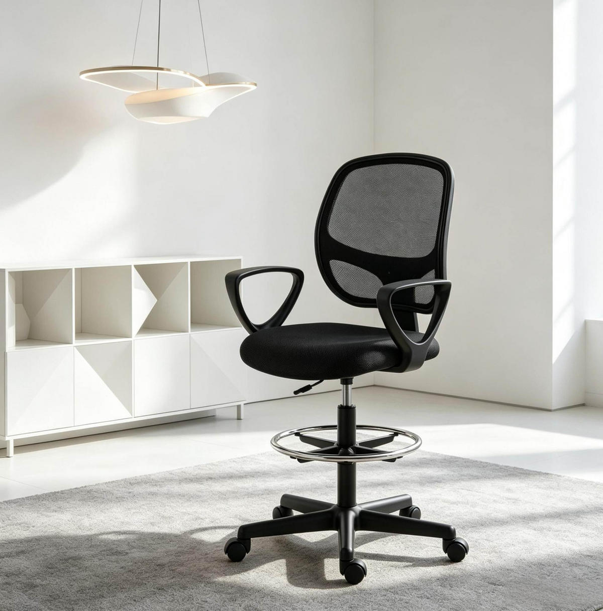 HÖHENVERSTELLBARER Bürostuhl in Schwarz 58x59x103 cm mit Fußstützring und Netzrückenlehne - Schwarz, Textil (59/103/58cm) - IVMEU
