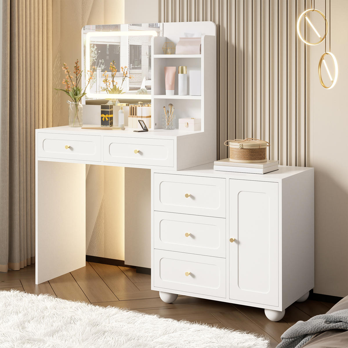 SCHMINKTISCH Weiß LED Spiegel 5 Schubladen 80x39.8x127cm - Weiß, Holzwerkstoff (39.8/127/80cm) - FLIEKS