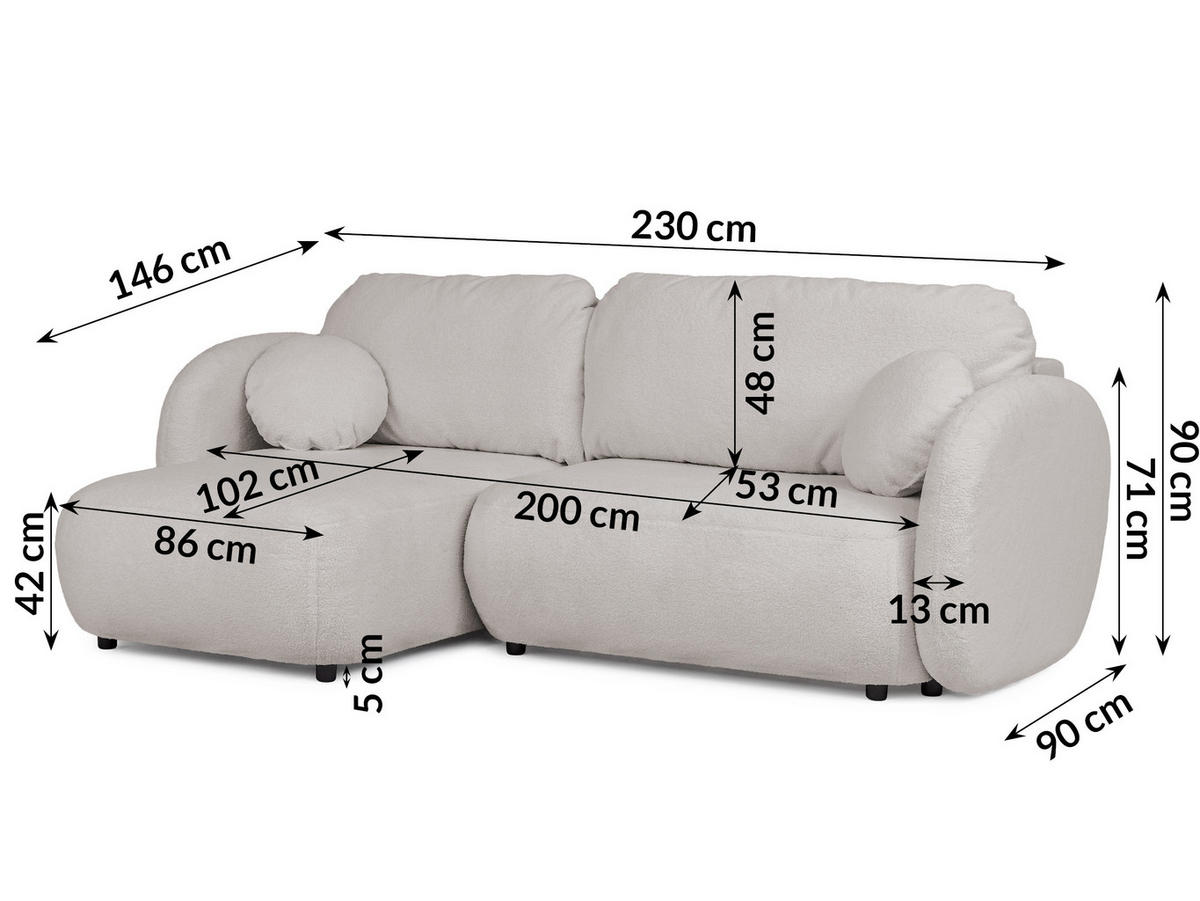 ECKSOFA Candy mit Schlaffunktion Hellgrau Bouclé-Stoff - Ottomane links - Hellgrau/Schwarz, Holz/Kunststoff (230/146cm) - S-Style Möbel