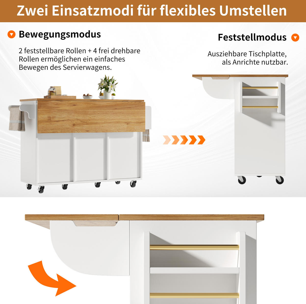 KÜCHENINSEL 146,85/90/70 cm Weiß aus MDF und Metall mit Klapptisch und Rollen - Weiß, Holzwerkstoff (70/90/146.85cm) - OKMYHOME